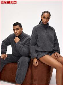 EasyFave Men's Solid Color Minimalist Long Sleeve Loungewear Set - Grey - View 5