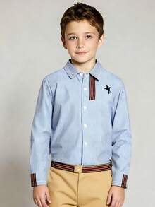 SHEIN 2pcs Boys Gentleman Outfit: Stripe Long Sleeve Printed Shirt + Trousers, Elegant Outfit For Valentine's Day, Birthday Party, Evening Event, Wedding, Christening, Anniversary