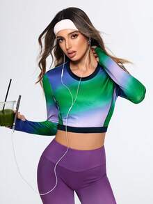 SHEIN Women's Green Autumn Athleisure Gym Gradient Long Sleeve Crop Top,Colorful Ombre Stretch Athletic Yoga Shirt,Slim Fit Workout Tee,Activewear Running - Multicolor - View 3