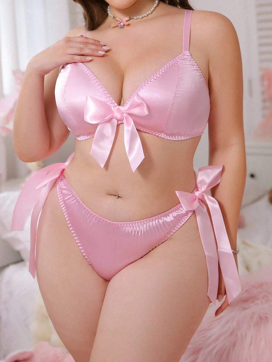 PetitDoll 大码女式两件套内衣套装：可调节肩带短款上衣（带蝴蝶结装饰）+蝴蝶结装饰内裤 - 粉色 - 查看 1