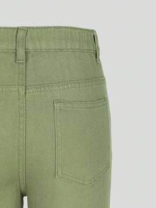 SHEIN Denimly 女童休闲简约学院风水洗牛仔松紧腰拉链裤脚七分牛仔裤 - 綠色 - 查看 6