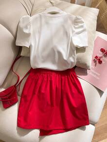Elladie kids 2件套女童秋季新款2025圆领罗纹泡泡短袖T恤，饰有红色爱心图案；修身A字裙，饰有红色斜拼接和蝴蝶结点缀；适合情人节、派对、通勤等场合的百搭套装。 - 紅色 - 查看 2