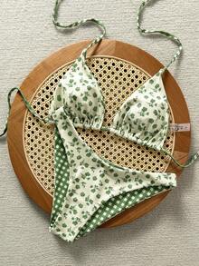 Swim Mod New Women's Summer 2-Piece Random Floral & Plaid Print Triangle Halter Bikini Top And Bottom Set, Beach Vacation Swimwear - Multicolor - View 5