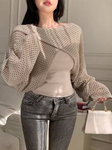 DAZY 2pcs Knitted Cover Up & Camisole Set, Casual Elegant Design Criss-Cross Knit Top, Fitted Women Sweater, Suitable For Autumn, Spring, Summer - Khaki - View 6