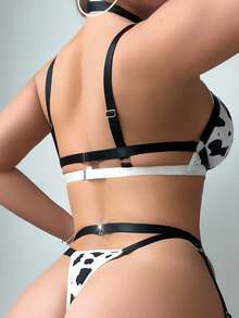 Cow Print Hollow Out Chain Detail Sexy Lingerie Set - Black and White - View 2