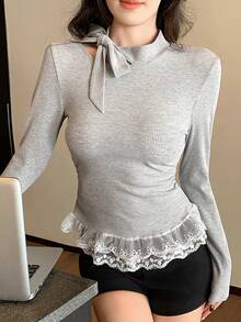 DAZY 女士打结领长袖荷叶边下摆修身T恤 - 灰色 - 查看 1