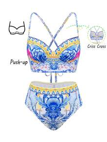 Swim Oasis 女士图腾印花性感加垫钢圈交叉露背三件套比基尼套装，春夏款 - 彩色 - 查看 6