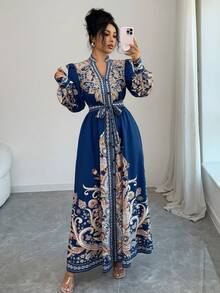 Rafferiza Modisches & elegantes, locker sitzendes Perris Placement Muster V-Ausschnitt Langarm Damen Kleid, Herbst/Winter - marineblau - Übersicht 8