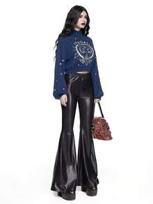 ROMWE Goth Suéter de cuello alto negro gótico oscuro con bordado misterioso de gato - Azul Marino - Ver 3