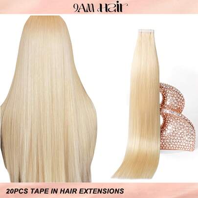 Tape In Hair Extensions 100% Human Hair #613 Light Blonde Straight Style In 14-22 Inch Lengths Extensions Silky Seamless Invisible Top Quality Thick Ends Healthy Human Hair Extensions 50g/Pack For Thin Hair And Salon Use