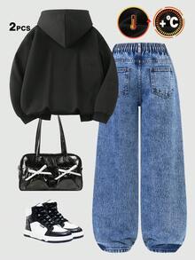 SHEIN ChillGRL Tween Girls' Hoodie & Sweatshort Co-Ords 2pcs New Arrival: Jeans + Hoodie. Thermal Lined, Thick, Comfortable Sweatshirt Fabric. Loose And Stylish Fit. Cute Printed Black Hoodie. Retro Medium Wash Blue Straight-Leg Jeans. Suitable For All Seasons. Versatile Styling. Elastic Waistband. Cute Cut. High Cost-Performance Ratio. Stylish Two Pieces Set For Older Tween Girls: Hoodie And Jeans. Y2k Tween Outfit Baggy Jeans Y2k