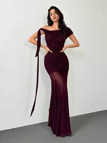 SHEIN Tall 酒红色斜肩褶皱伞裙长连衣裙，优雅大方，适合节日、婚礼、生日、毕业季等场合。 - 酒紅色 - 查看 13