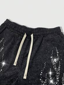 ROMWE MEN Street Life Spring/Summer Casual Graphic Men'S Rhinestone Flame Pattern Drawstring Waist Pocket Casual Shorts - Black - View 4
