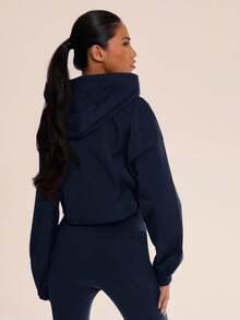 Musera Sport 女士连帽短款尼龙拉链运动夹克，适合板式网球、网球、匹克球、健身房等冬季运动。 - 藏蓝色 - 查看 3