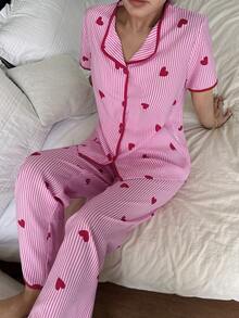 Dream Adore Ensemble de pyjama avec cardigan court à manches courtes, imprimé de cœurs rayés et froissé pour femmes