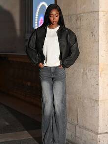 Mima John Autumn New Vintage Washed Snow Flake PU Leather Jacket - Black - View 4