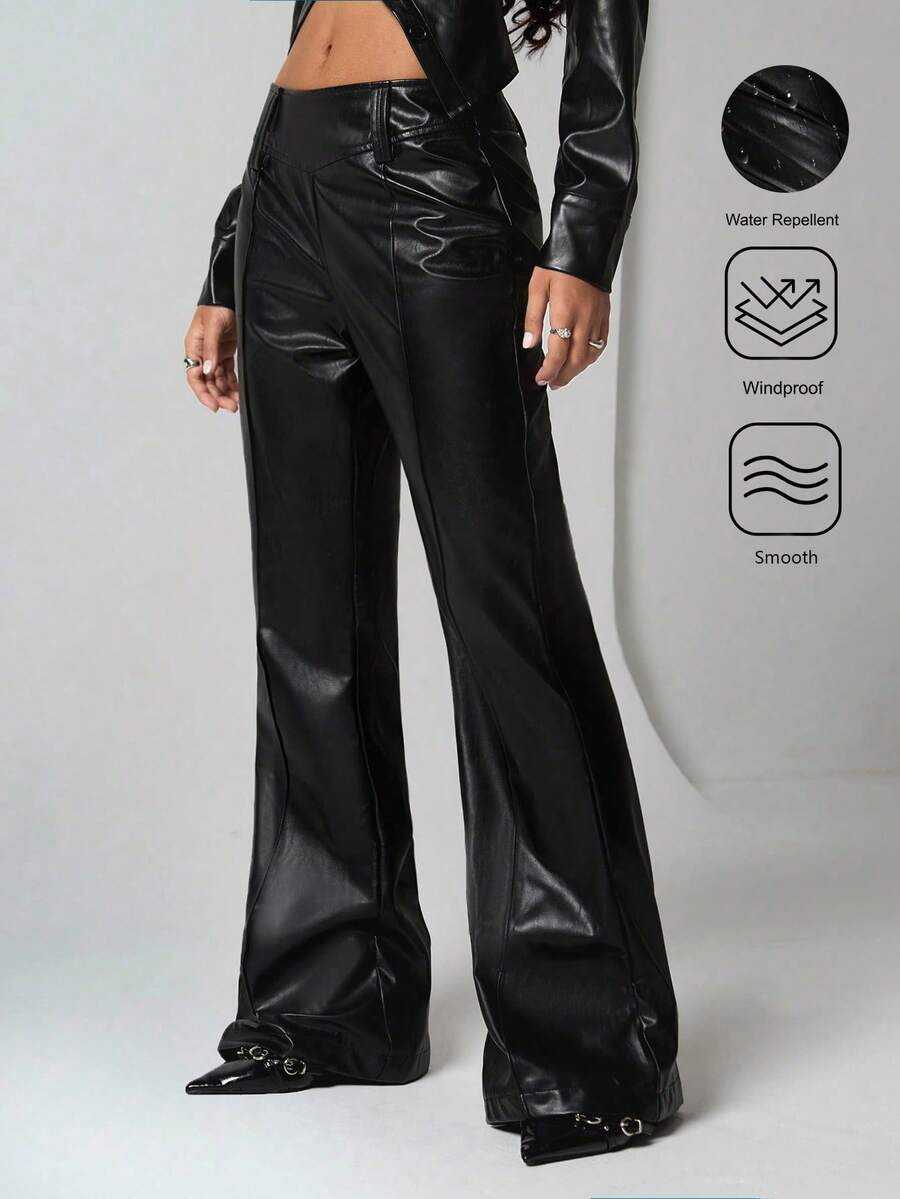 SHEIN TRNDY 1 Stück Damen Schwarze PU Leder Hose, hochwertig für Party, Alltag, Pendeln, Neujahr, Herbst/Winter, asymmetrisches Patchwork Design, schlankend, beinverlängernd, ausgestellt, minimalistisch, elegant, modisch, figurbetont - Schwarz - Übersicht 1