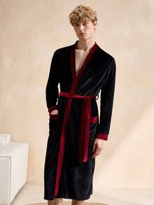 Men's Contrast Trim Long Sleeve Comfortable Long Tie-Waist Bathrobe - Multicolor - View 4