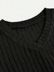 SHEIN Vestido ajustado de niña preadolescente con cuello en V sólido y falda de tela con textura en negro - Negro - Ver 5