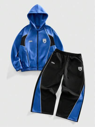 Street Life Conjunto de sudadera con capucha y pantalón de chándal de color contrastante casual para hombre, otoño