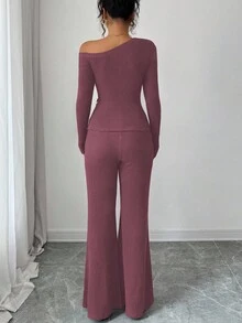 Elenzga 女士时尚休闲两件套，不对称肩部褶皱下摆金属装饰长袖罗纹针织修身T恤+罗纹针织修身喇叭裤 - 西瓜粉 - 查看 2
