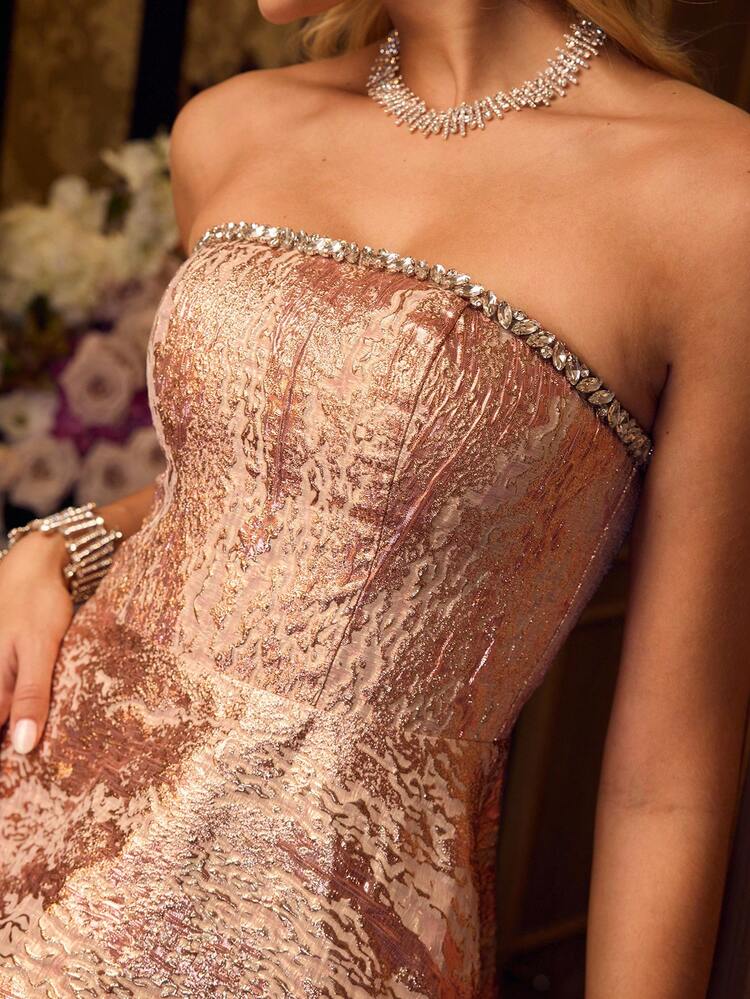 MOTF Soiréza WOMEN'S JACQUARD BROCADE STRAPLESS FLOOR-LENGTH PARTY GOWN – STRAPLESS RHINESTONE EMBELLISHMENTS, CRISS-CROSS LACED BACK & FORM-FITTING A-LINE SILHOUETTE | IDEAL FOR GALAS, NYE & MILESTONE BIRTHDAYS | VERSATILE STYLING WITH STATEMENT JEWELRY & STRAPPY HEELS