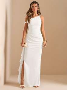 SHEIN BAE 秋冬伴娘礼服，派对斜肩扭结无肩带性感褶皱高开衩荷叶边裹身长裙，优雅荷叶边下摆斜肩女士长裙 - 白色 - 查看 6
