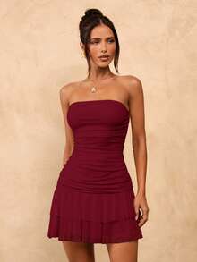 SHEIN BAE Solid Yellow Cream Ruched Bodycon Ruffled Hem Mini Dress, Cute Summer Dress, Brunch Dress, Yellow Dress - Burgundy - View 7