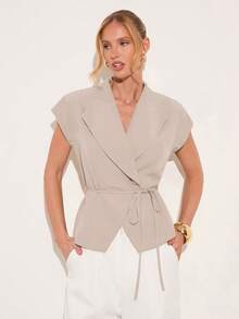 COSMINA 女士纯色扭结前襟优雅短袖薄款西装外套，翻领薄款西装外套，杏色女士西装外套，腰带西装外套，优雅职业装西装外套，适合工作场合，简约实用，春夏款 - 杏色 - 查看 6