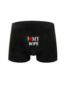Velminro Men's Valentine's Day Letter & Heart Print Comfortable Boxer Briefs I Love My Wife. - Black - View 1