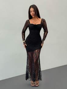 SHEIN PETITE 女士优雅浪漫时尚通勤性感优雅连衣裙，适合派对、度假、返校、浪漫约会、婚礼、生日、情人节等场合，蕾丝拼接3D花卉装饰长袖修身连衣裙 - 黑色 - 查看 3