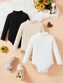 SHEIN Baby Girls Plain Long Sleeve Stand Collar Fabric Bodysuit Pack In Basic Multicolor Styles - Multicolor - View 1