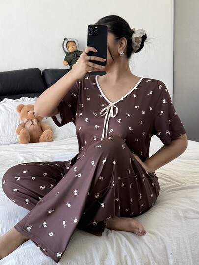 Dream Adore 大码碎花V领系腰短袖上衣和阔腿裤女士睡衣套装