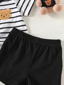 SHEIN 新生儿短袖套装，黑白条纹男婴T恤两件套，婴儿小熊刺绣夏季新品 - 黑色 - 查看 6