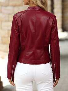SHEIN PETITE CURVE Áo khoác PU dáng ôm cỡ lớn có khóa kéo và lớp lót giữ nhiệt, Áo khoác nỉ cổ lọ bằng da PU màu đen, Áo khoác da PU tay dài thường ngày mặc dạo phố cho nữ vào mùa thu/đông, Áo khoác lông cừu da - Màu Đỏ Sâu - Xem 2