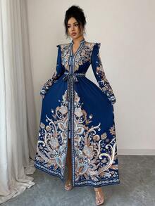 Rafferiza Modisches & elegantes, locker sitzendes Perris Placement Muster V-Ausschnitt Langarm Damen Kleid, Herbst/Winter - marineblau - Übersicht 4