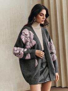 Anewsta Vintage Elegant Loose Fit Jacquard Floral Cardigan, Mid-Length, Wool, Autumn/Winter - Light Grey - View 5