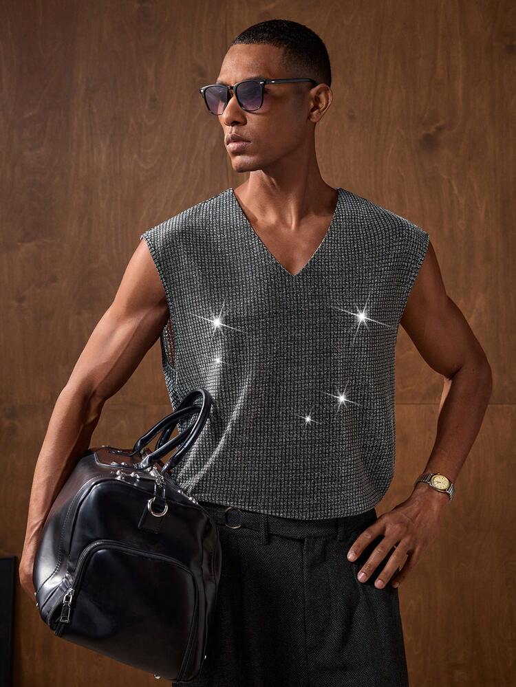 Men's Fashion Casual Vest Gun Sequin Top Men Rhinestone Top Men Sparkly Top Men Men Crochet Top Twilight Knit Top Men