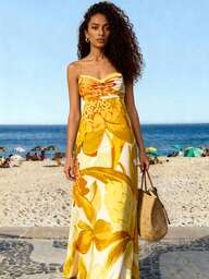 CAJUNI Vestido Longo de Estilo Boêmio Sem Mangas e Decote Nas Costas com Amarração na Frente, Estampa Tropical Colorida, Vestido de Praia Casual de Verão, Estilo Longo, Amarelo, Verão.