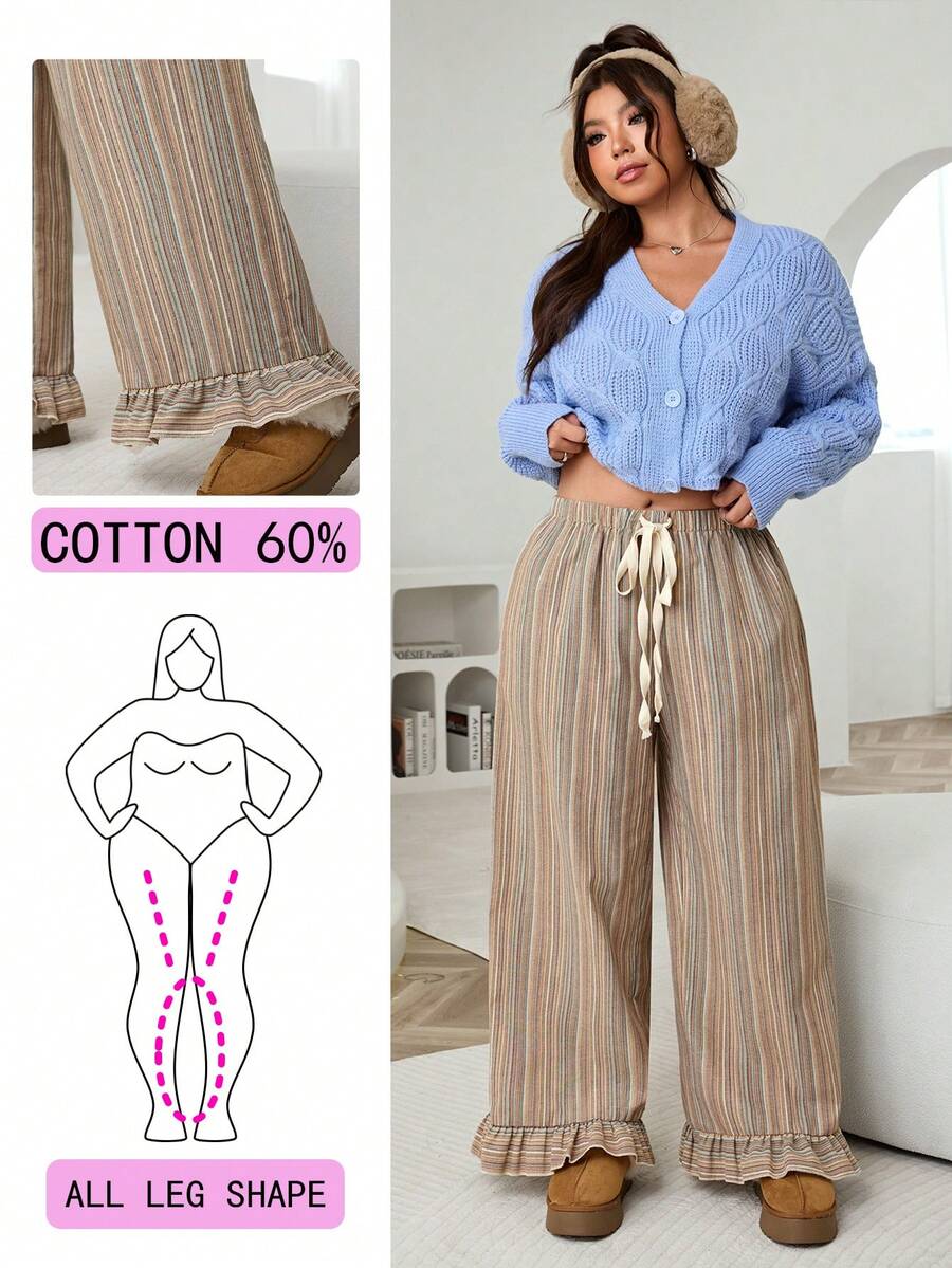 SHEIN EZwear 大码女式抽绳腰条纹阔腿宽松休闲裤 - 彩色 - 查看 1