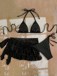 EgrlEra 女士纯色蛋糕裙露背吊带性感比基尼三件套，沙滩度假 - 黑色 - 查看 6