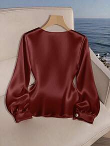 Franclia Women's Casual Poplin Shirt With Asymmetrical Neckline - Red - View 2
