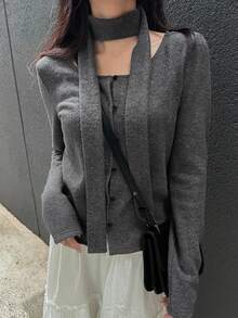 FRIFUL 女士纯色方领落肩长袖系领装饰休闲宽松百搭T恤，秋冬款 - 灰色 - 查看 3