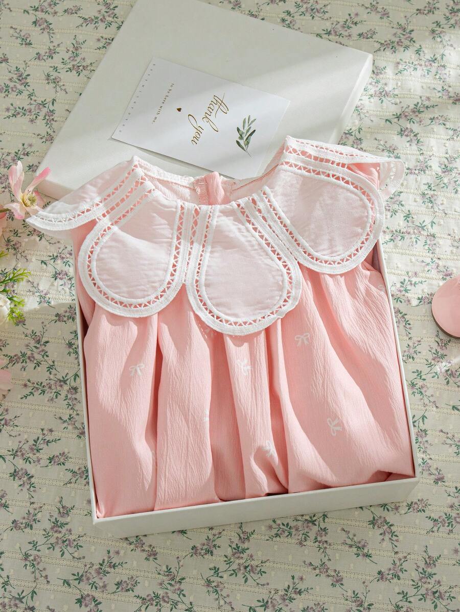 SHEIN Baby Girls' Elegant Floral Collar Design Long Sleeve Loose A-Line Dress, Soft Fabric Suitable For Delicate Skin, Spring/Summer - Pink - View 1