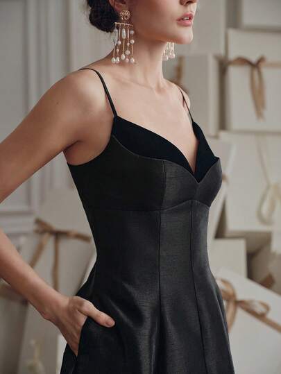 Anewsta V-Neck Spaghetti Strap Elegant Black Dress With Flared Skirt, Glossy Fabric Patchwork Waist Design, Graceful Dress