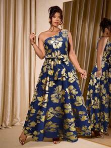 Cravure Đầm dự tiệc thanh lịch họa tiết hoa lá cỡ lớn cho nữ, cổ không đối xứng, buộc eo, viền loe - Màu xanh hải quân - Xem 4