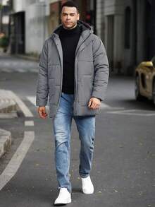 Manfinity Homme Áo khoác nam cỡ lớn màu trơn có mũ trùm đầu, khóa kéo, đệm, mùa đông - Màu Xám nhạt - Xem 5