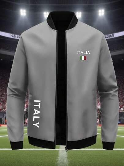 Manfinity Homme Men's Casual Daily Letter Graphic Zip-Up Jacket, Autumn Grey Jacket Men Zipper Jacket Italy Jacket Lightweight Jacket Men Men's Bomber Jacket