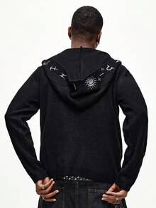 ROMWE MEN Street Life Men's Mysterious Pattern Embroidered Hooded Fringe Trim Knit Sweater - Black - View 3