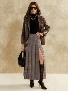 Florisole 女士优雅通勤斜纹格纹百褶裙 - 棕色 - 查看 1